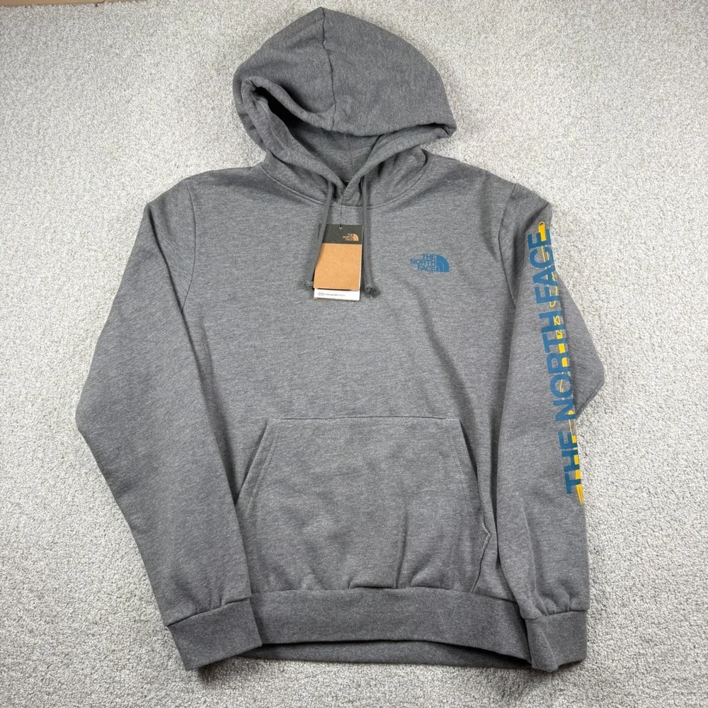 NEW The North Face Hoodie Men M Grey M Evo Tent Graphic Sleeve Logo Pullover